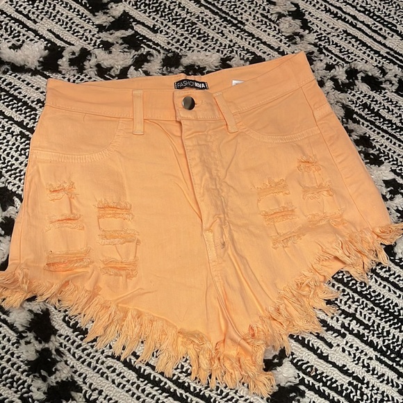 Neon Orange Distressed High Rise Shorts - Picture 5 of 7